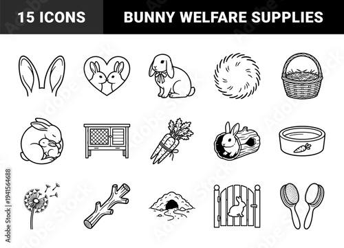Rabbit care and lagomorph welfare elements for pet ownership guides. Minimalist monoline pictograms featuring bunny anatomy and habitat accessories.