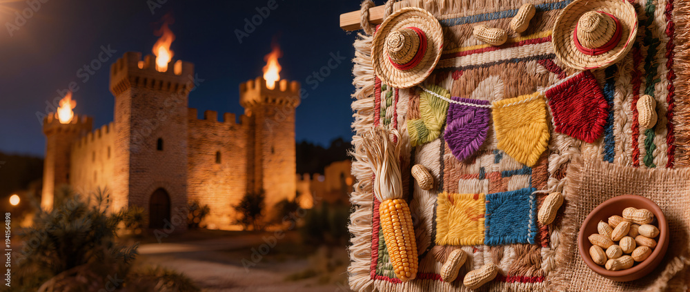 Fototapeta premium A close-up shot of a woven wall hanging with straw hats and peanuts.