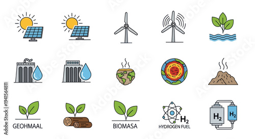 Colorful Icons Representing Renewable Energy Sources and Technologies.