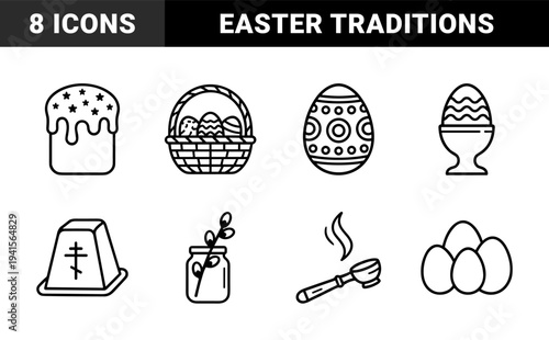Orthodox Easter traditions and holiday celebration elements. Minimalist monoline symbols featuring paschal bread, decorated eggs, and willow branches.