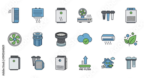 Collection of Air Purifier and Filtration System Icons.