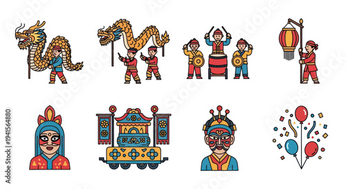 Chinese New Year Celebration Icons: Dragon Dance Musicians Lantern Opera Mask Float Balloons.