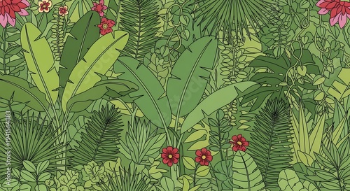 Lush jungle foliage and vibrant tropical flowers in a harmonious botanical illustration style creating an exotic natural backdrop