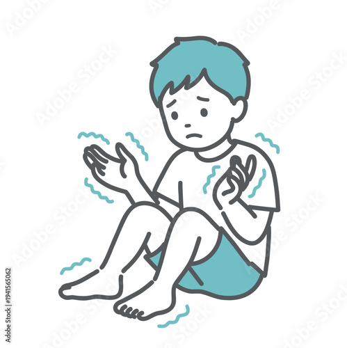 手足のしびれや震えで不安そうな男の子（子供）のイラスト