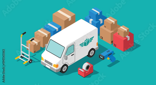 Isometric illustration of a delivery van surrounded by packages featuring a flat geometric silhouette high quality professional detailed modern elegant stylish