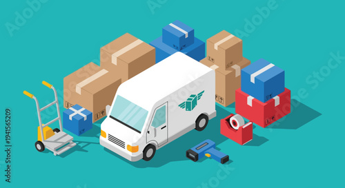 Isometric illustration depicting delivery boxes a van and equipment presented in a striking silhouette high quality professional detailed modern elegant stylish