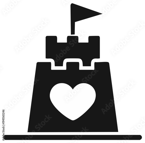 Sandcastle with Heart and Flag Icon Silhouette