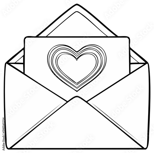 Open envelope with heart card for coloring page or romantic message