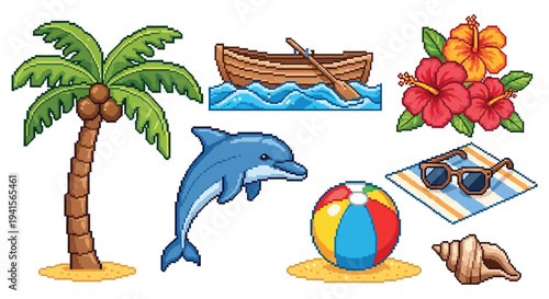 A vibrant pixel art collection depicts tropical elements like a dolphin palm tree and beach accessories silhouette high quality professional detailed