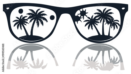 Summer palm tree reflection in sunglasses vector graphic silhouette, tropical holiday vacation, ocean beach island scenery