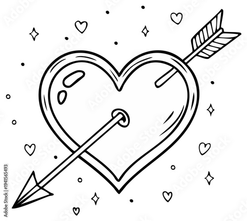 Hand drawn heart pierced by cupid arrow with scattered hearts and stars for valentines day