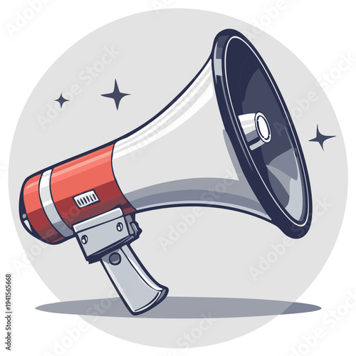 Red and white vintage megaphone with sound waves and stars illustration