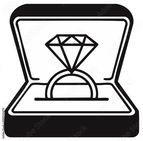 Black and white line art illustration of a beautiful diamond engagement ring in an open proposal gift box