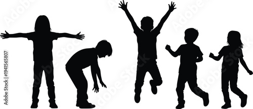 Kids playing silhouettes set, children jumping running stretching joyful childhood activity isolated on white background