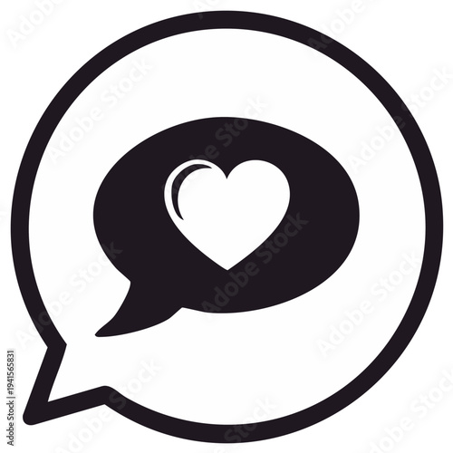 Black and white icon speech bubble with heart inside symbolizing love message