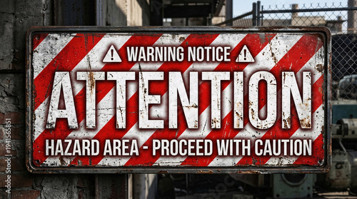 Real photo weathered red white striped industrial attention warning notice sign hazard area proceed with caution at factory.