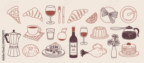 Assortment of Hand- Drawn Food and Drink Illustrations in Sepia Tones hand-drawn