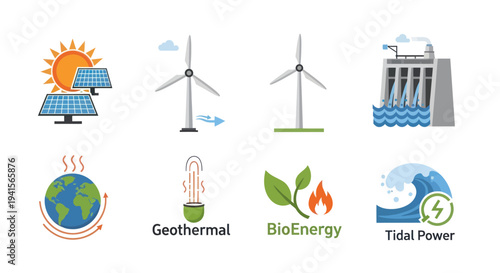 Renewable Energy Sources: Solar Wind Hydro Geothermal Bioenergy and Tidal Power Icons.