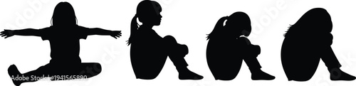 Little girl sitting silhouette collection, child different seated poses, kid posture set isolated, children body language illustration pack