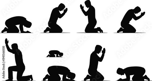 Man praying kneeling silhouette set isolated on white background religious prayer worship faith spirituality meditation illustration collection