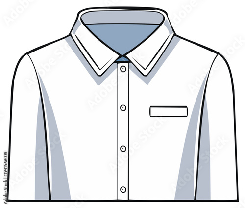 Simple line art illustration of a white office shirt or uniform with a blank name badge