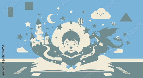 Young boy reading book with magical creatures and castle