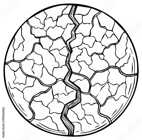 Circular illustration of cracked earth, symbolizing drought and climate change, in black and white.