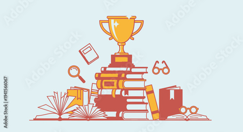 Achieving academic success with books and trophy
