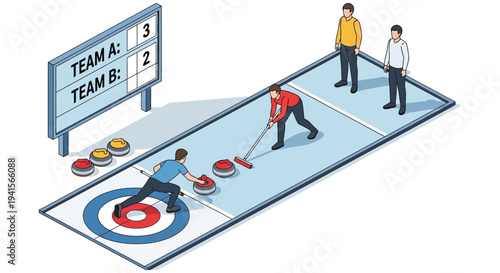 Isometric illustration depicting a curling rink with players stones and a scoreboard a striking silhouette high quality professional detailed modern elegant