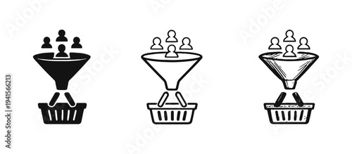 Sales funnel with people and shopping basket icon set. Conversion, lead generation, customer acquisition symbol collection. Marketing strategy concept.