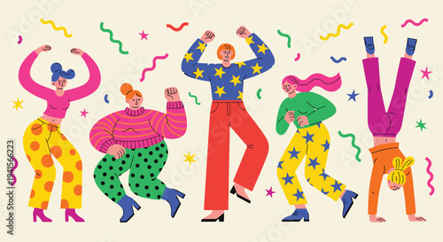 Abstract colorful cartoon background with hand drawn kids and playful characters celebrating with fun design illustration