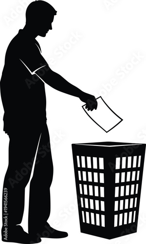 Man throwing paper into trash bin silhouette waste disposal concept vector illustration