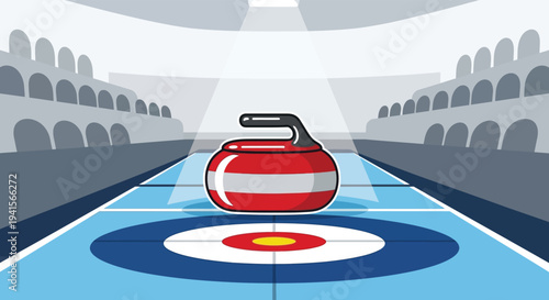 A vibrant red curling stone rests on a blue ice surface within an arena presented as a silhouette high quality professional