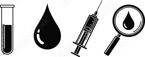 Medical laboratory icons set including test tube, blood drop, syringe and magnifying glass, healthcare research symbols silhouette illustration