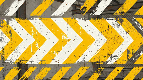 Illustrated yellow white grunge chevron arrows on dirty concrete industrial wall construction fence with mesh fence background.
