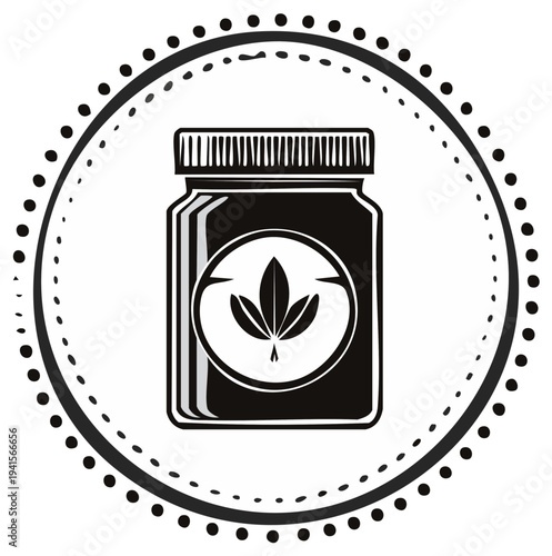 Jar with cannabis leaf label in decorative circular frame, simple black and white vector illustration