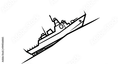 Modern Warship Silhouette Sailing on a Diagonal Line