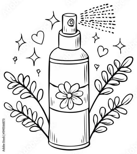 Hand-drawn illustration of a bottle with a flower and leaves, spraying mist, surrounded by stars and hearts