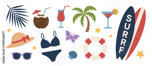Summer Beach Vacation Elements Including Surfboard Bikini Coconut Drink and Palm Tree