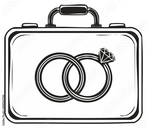Suitcase Illustration with Wedding Rings and Diamond, Black and White