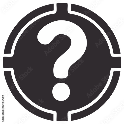 White question mark inside a dark circular target symbol representing inquiry and discovery