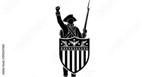 Patriotic soldier with raised fist and rifle behind shield, symbol of American freedom and revolution