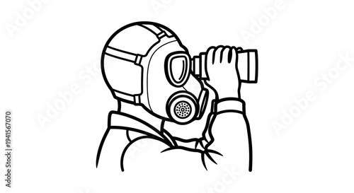 Person in Gas Mask Looking Through Binoculars, Surveillance Concept