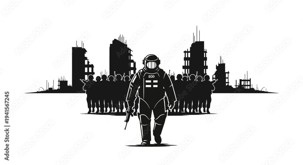 Fototapeta premium Post-apocalyptic soldier with rifle and crowd in ruined city silhouette