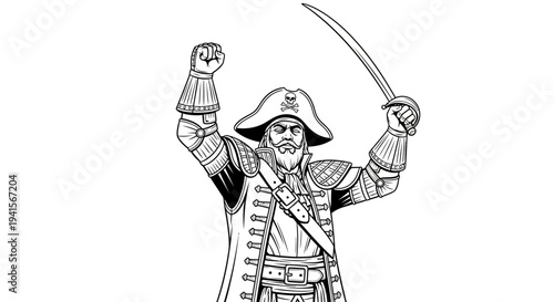 Pirate Captain with Sword Raised in Victory, Black and White Illustration