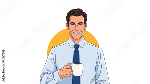 Handsome young businessman in a shirt and tie holding a white cup of coffee and smiling, casual office worker illustration.