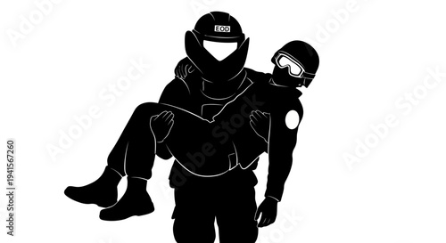 Rescuer Carrying Injured Person in Protective Gear, Silhouette