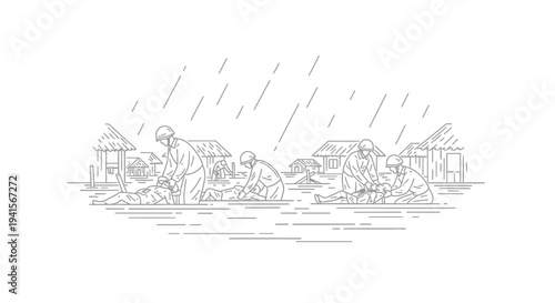 Rescuers in Floodwaters Aid Victims Amidst Heavy Rain and Flooded Village