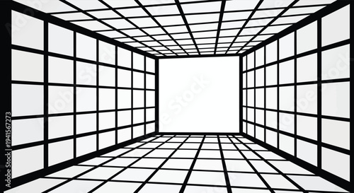 A stark geometric hallway with a receding perspective creates an illusion of depth featuring a bright white silhouette high quality professional