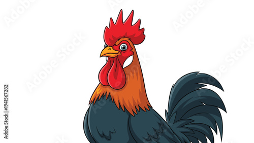 Colorful rooster with a bright red comb and wattle, farm poultry bird character illustration isolated on a white background.